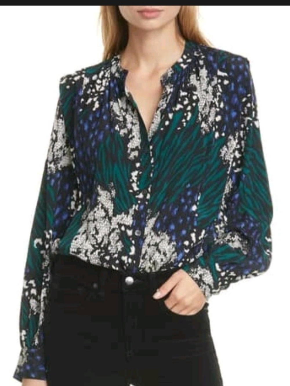 Veronica Beard Teal, Blue & White Printed Button-Front Blouse 1456 PIT TO PIT 20